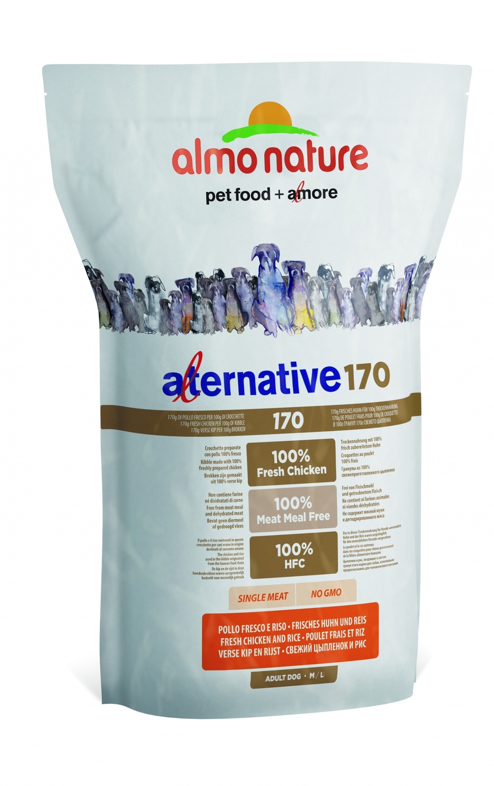 Корм Almo Nature Alternative со свежим цыпленком и рисом (75% мяса) для собак средних и крупных пород, Alternative 170 Chicken and Rice M-L