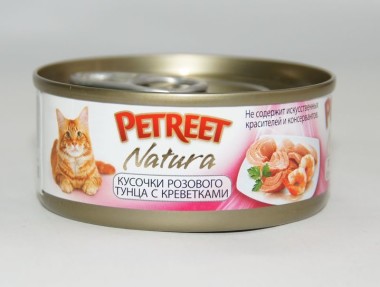 Petreet консервы для кошек кусочки розового тунца с креветками 70 г