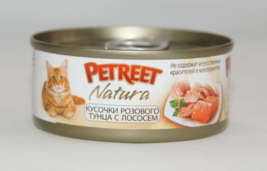Petreet консервы для кошек кусочки розового тунца с лососем 70 г