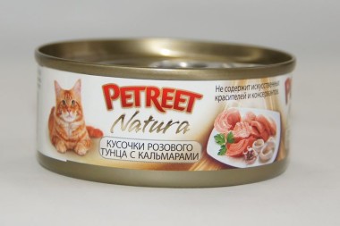 Petreet консервы для кошек кусочки розового тунца с кальмарами 70 г