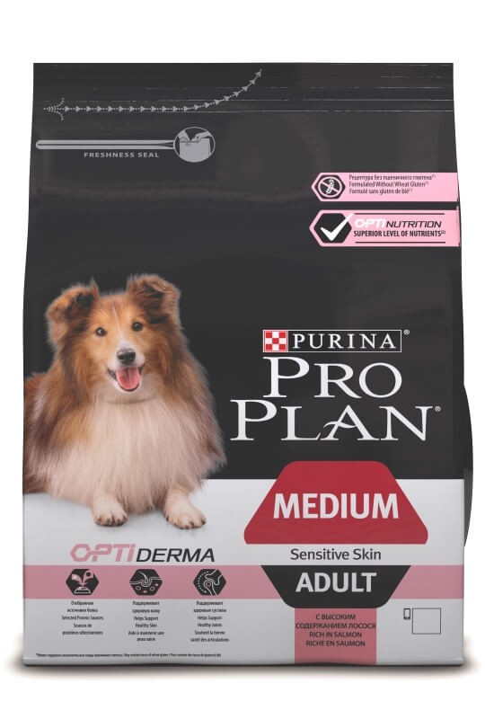 Корм Purina Pro Plan для взрослых собак средних пород с чувствительной кожей, с лососем и рисом, Adult Sensitive