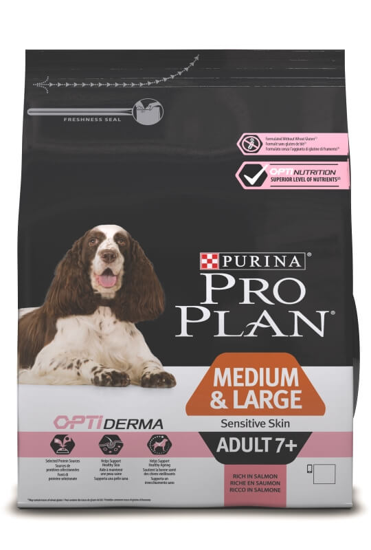 Корм Purina Pro Plan для пожилых собак средних и крупных пород с чувствительной кожей, с лососем и рисом, Senior Sensitive Skin