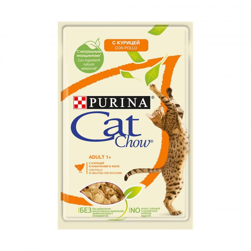Cat Chow паучи для кошек кусочки в желе с курицей и кабачками, Purina Cat Chow Adult 1+