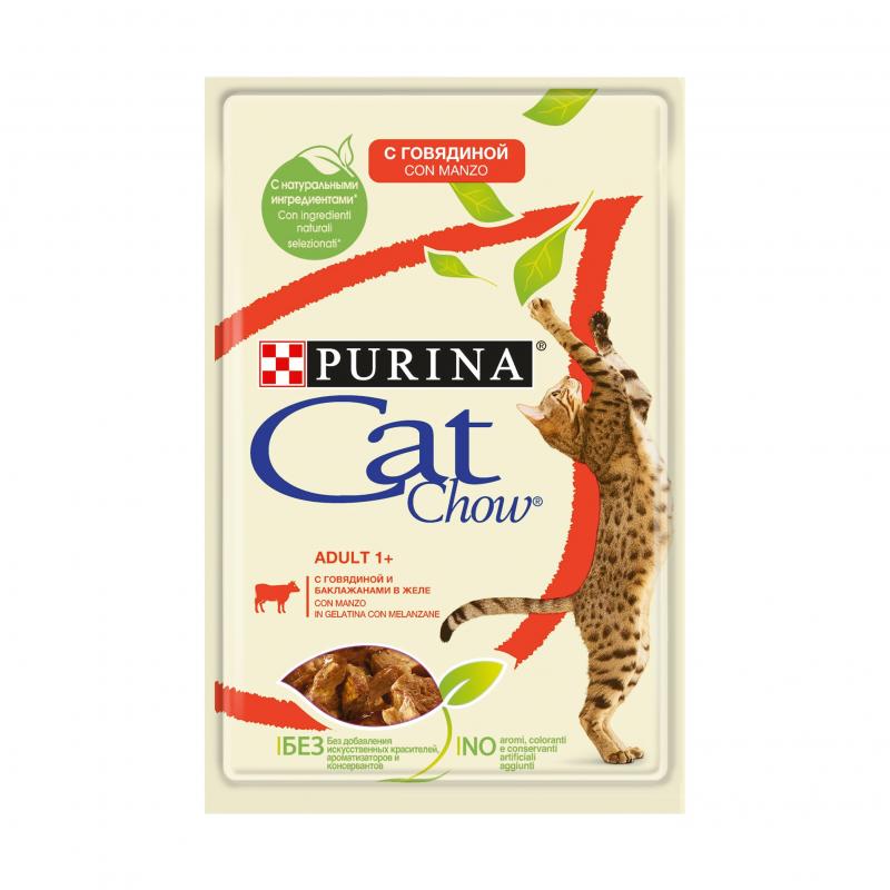 Cat Chow паучи для кошек кусочки в желе с говядиной и баклажанами, Purina Cat Chow Adult 1+