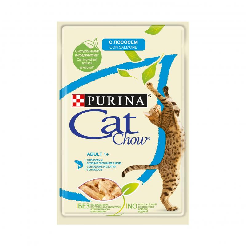 Cat Chow паучи для кошек кусочки в желе с лососем и зеленым горошком, Purina Cat Chow Adult 1+