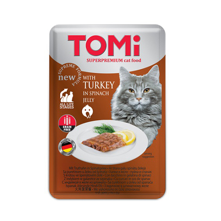 ToMi GF консервы для кошек-пауч c индейкой в желе из шпината