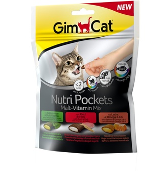 Gimpet Подушечки для кошек микс: кошачья мята с витаминами, говядина с мальтпастой, лосось с омега-3 и омега-6
