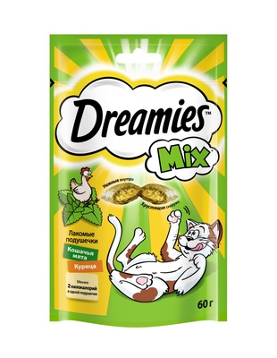 Лакомство для кошек Dreamies лакомые подушечки для кошек с курицей и мятой