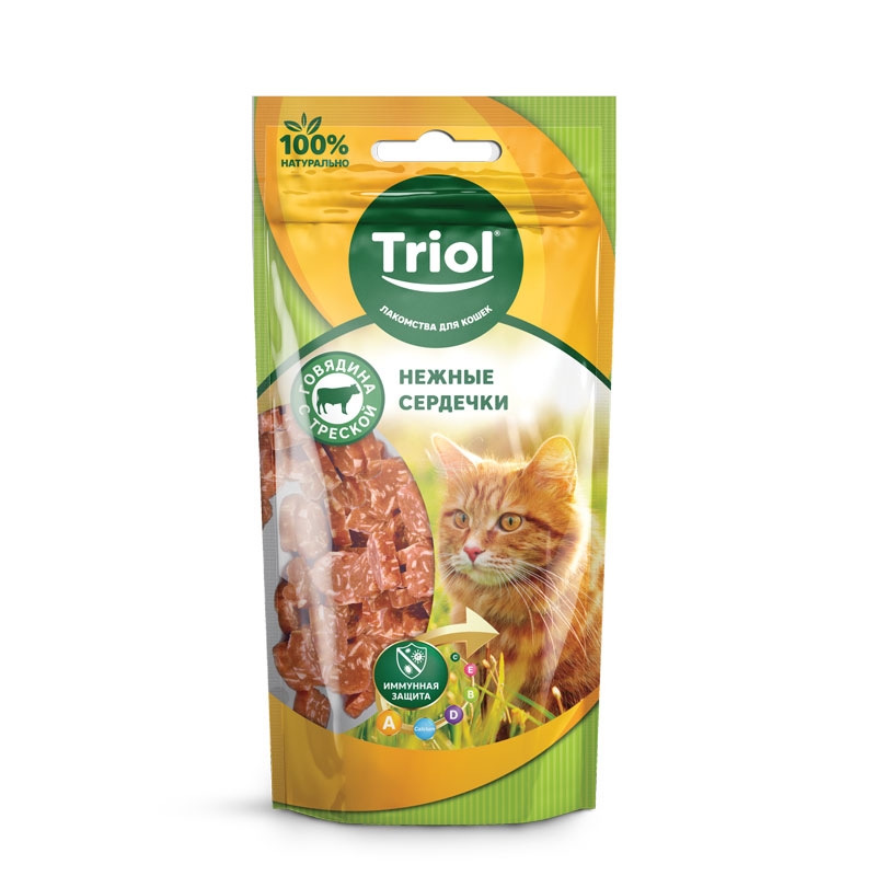 Нежные сердечки из говядины с треской для кошек, 40г