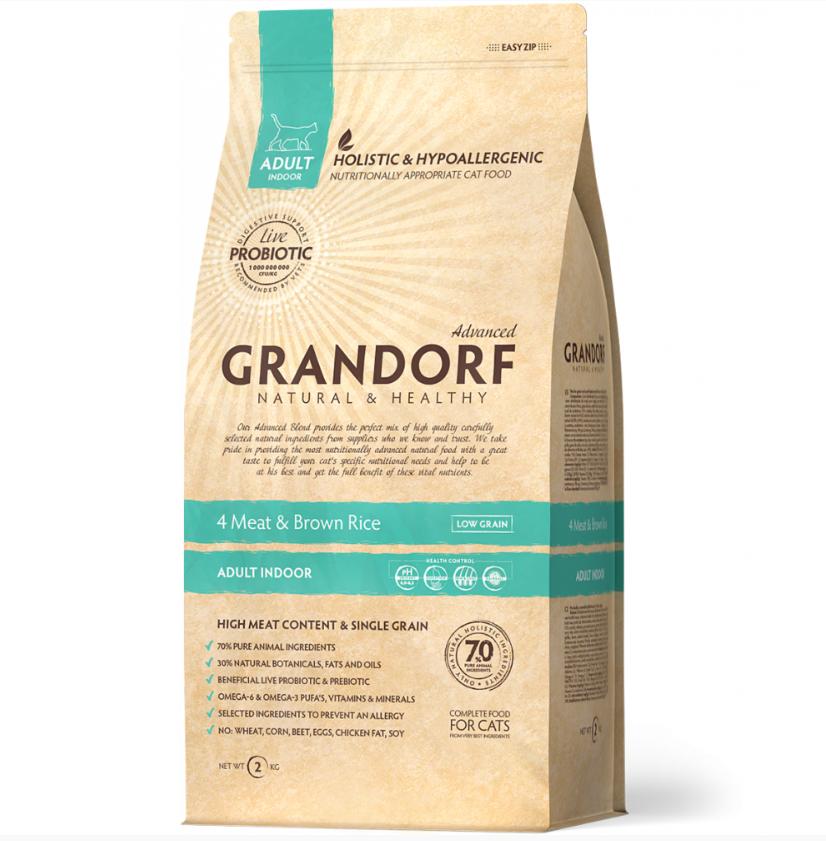 Grandorf Cat PROBIOTIC 4 Meat & Brown Rice INDOOR сухой низкозерновой корм для домашних кошек с пробиотиками