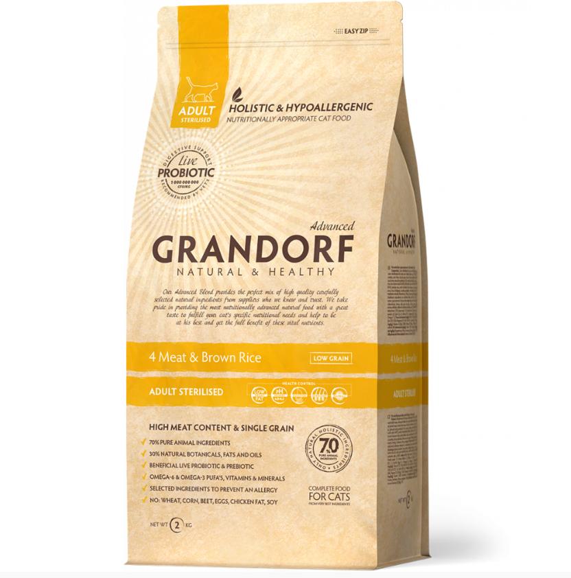 Grandorf Cat PROBIOTIC 4 Meat & Brown Rice STERILIZED Сухой низкозерновой корм для кошек с пробиотиками Четыре вида мяса с бурым рисом