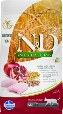 FARMINA N&D Ancestral Grain Adult для взрослых кошек, курица с гранатом и спельтой, низкозерновой
