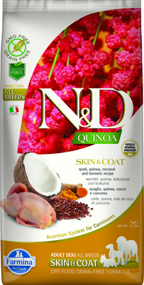 Farmina N&D GF Quinoa для собак всех пород для здоровья кожи и шерсти, перепелка и киноа, беззерновой