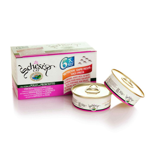Schesir 6 штук по 50 г консервы для кошек с цыпленком и ветчиной