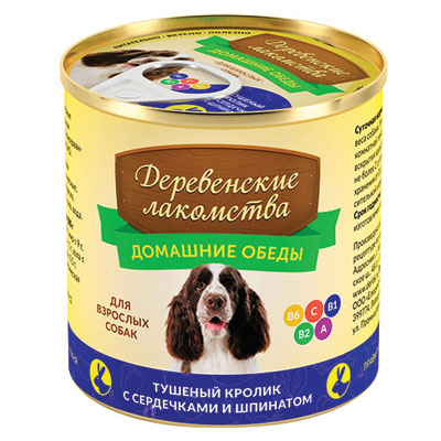 Деревенские лакомства консервы для собак тушёный кролик с сердечками и шпинатом