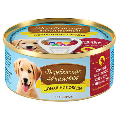 Деревенские лакомства консервы для щенков  сочный цыплёнок с языком и шпинатом